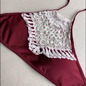 Raisingtop Wine Red Halter Bikini Set With Lace